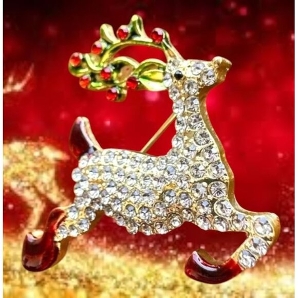 Reindeer Brooch Pin Rudolph Christmas Eve New Crystal Accents Santa Nort… - Picture 4 of 12